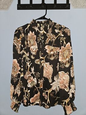 Floral Smocked Neck Long-Sleeve Blouse - Black & Peach